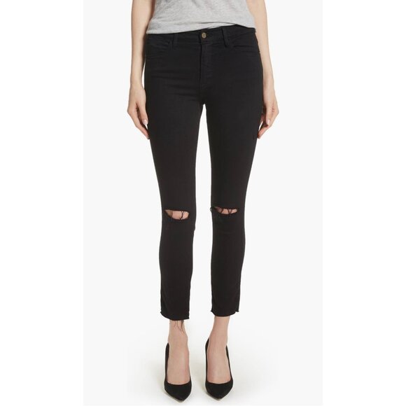 Frame Denim Womens Le High Ripped Crop Skinny Jeans Noir Slits Black size 23 - Picture 1 of 16